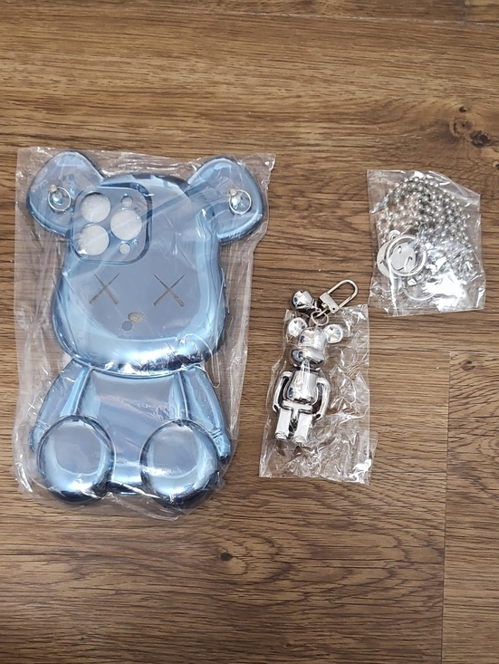 Apple Accessories - Blue Metallic Bear Phone Case with Silver Bear Bell Keychain Iphone 13 Pro Max